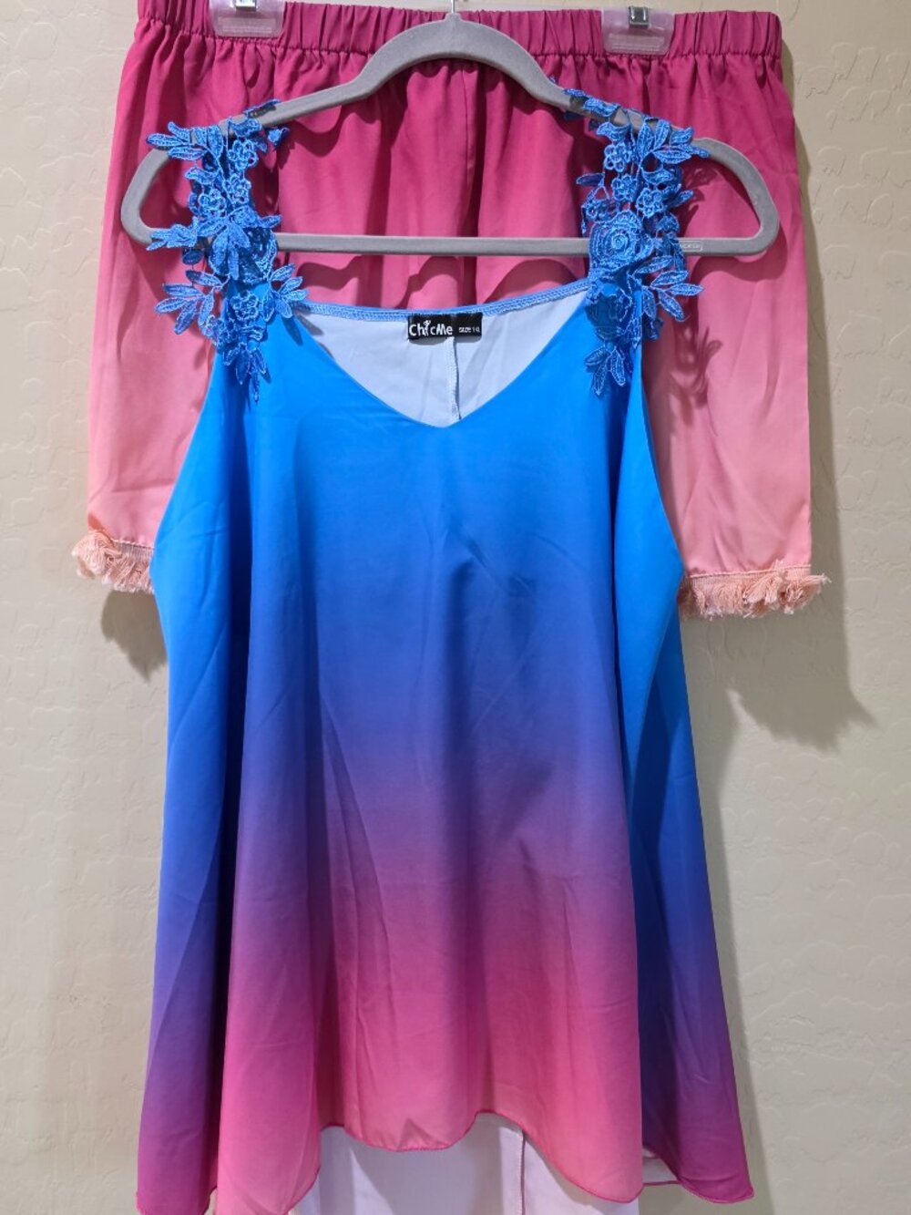 2XL Ombre Lounge Set Blue Pink Purple Tank Top Lace Straps + Fringe Ombre Shorts